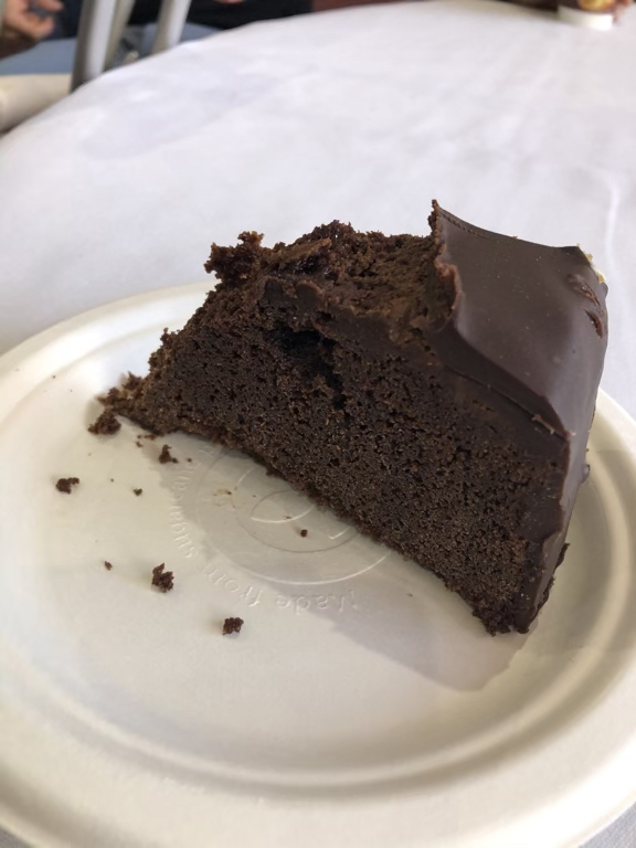 Piece of chocolate cake on a white plate