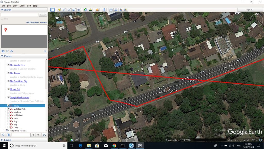 Picture of map on Google Earth with a red line walking path