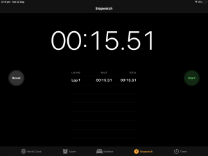 Stopwatch screen showing 15.51 seconds