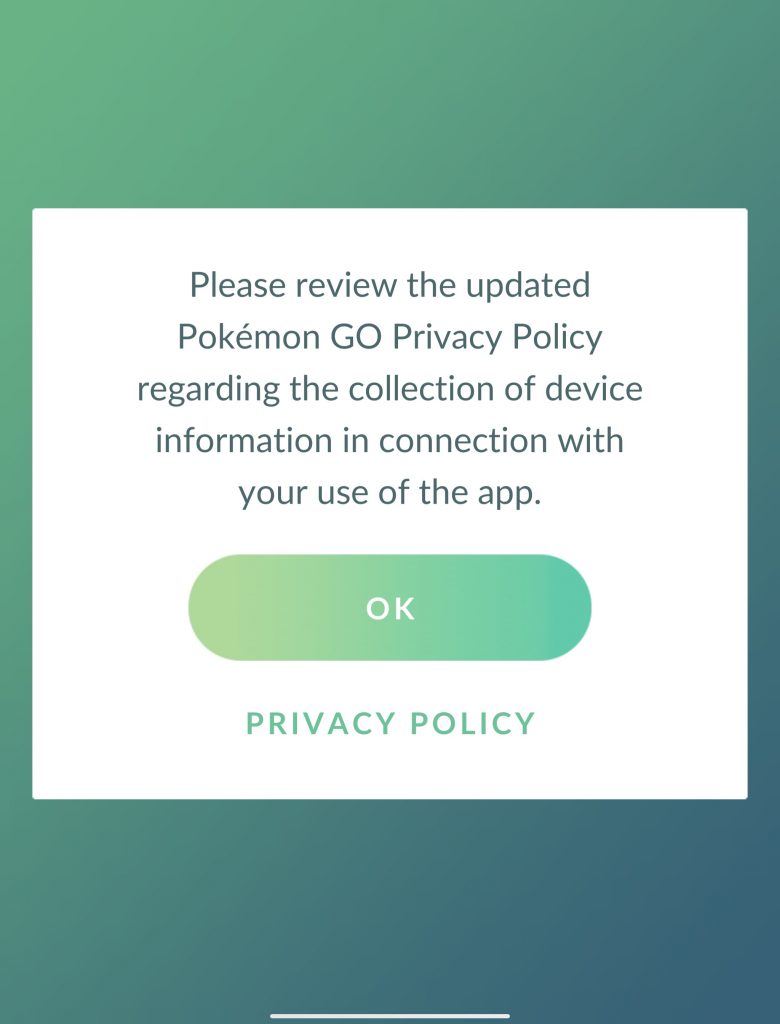 Screenshot of the Pokemon Go Terms of Service page from Pokemon Go app