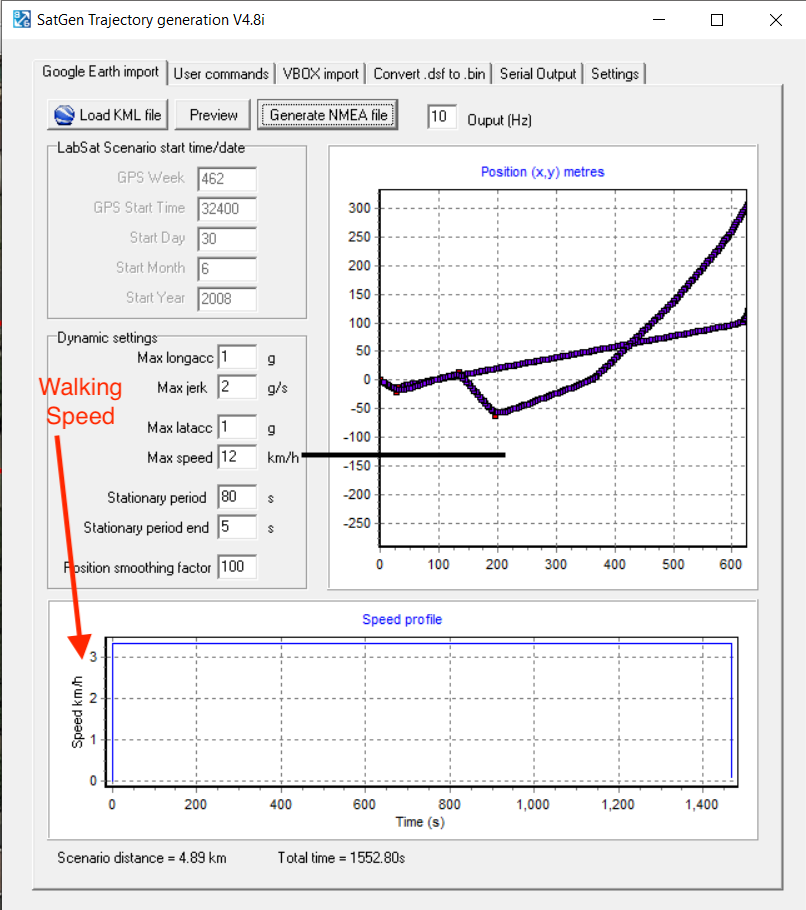 Screenshot of satgen software showing path and speeds of movement