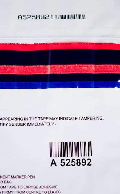Showing the barcodes and serial numbers on a tamper evident bag