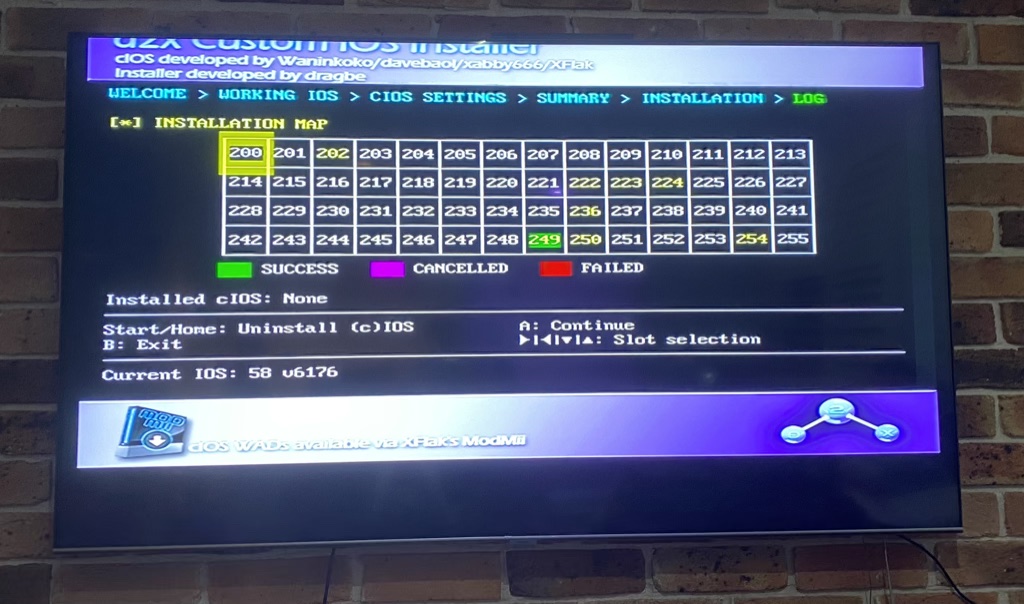 d2x cIOS installer screen showing slot 249 installed