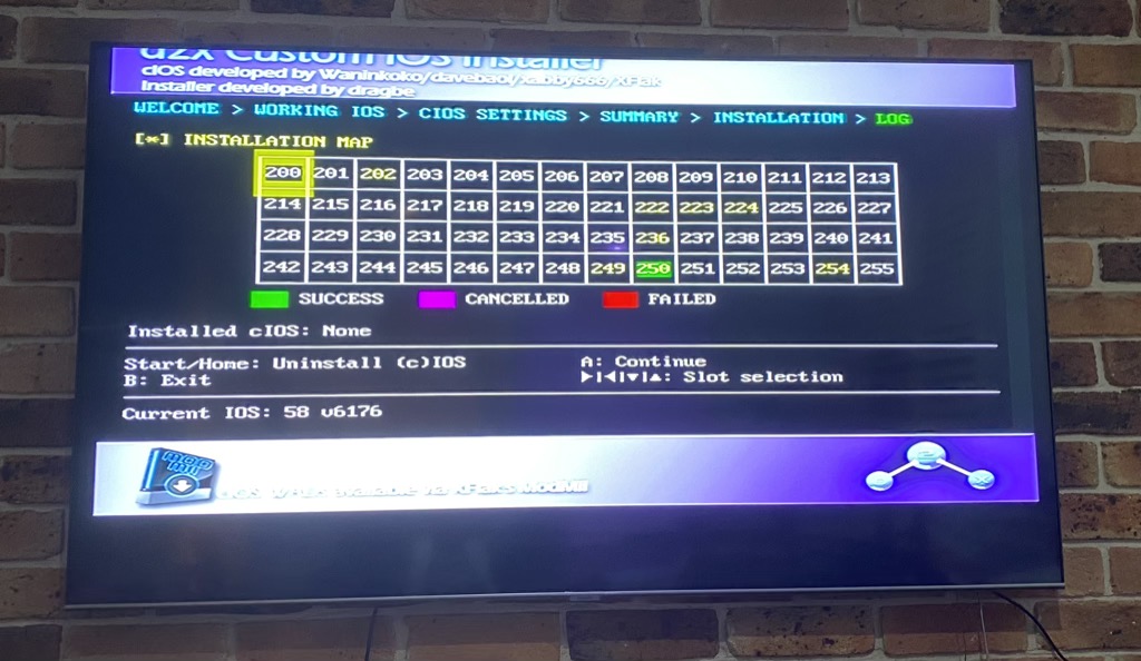 d2x cIOS installer screen showing slot 250 installed