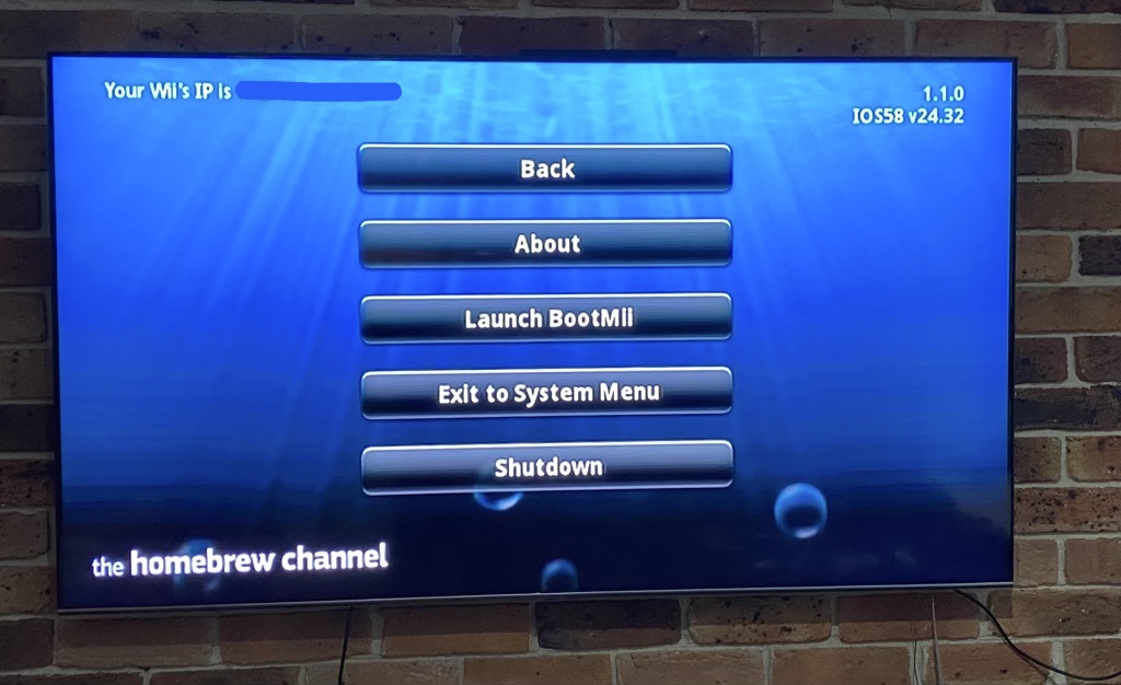 Screen showing menu allowing the install of BootMii