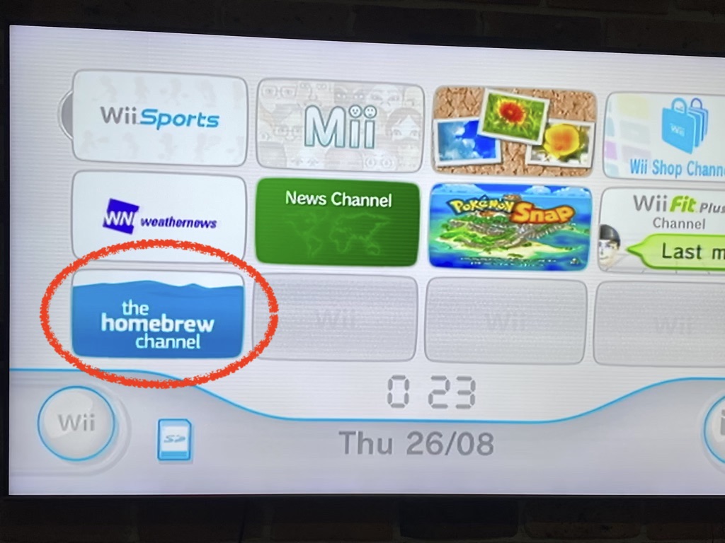 Wii main menu showing the Homebrew Channe icon